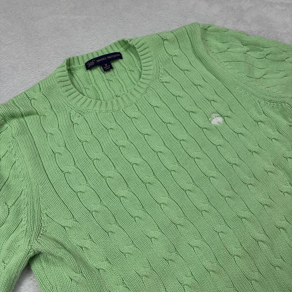 Brooks Brothers Pullover Sweater Women M Green 100% Cotton Crew Neck Cable Knit
